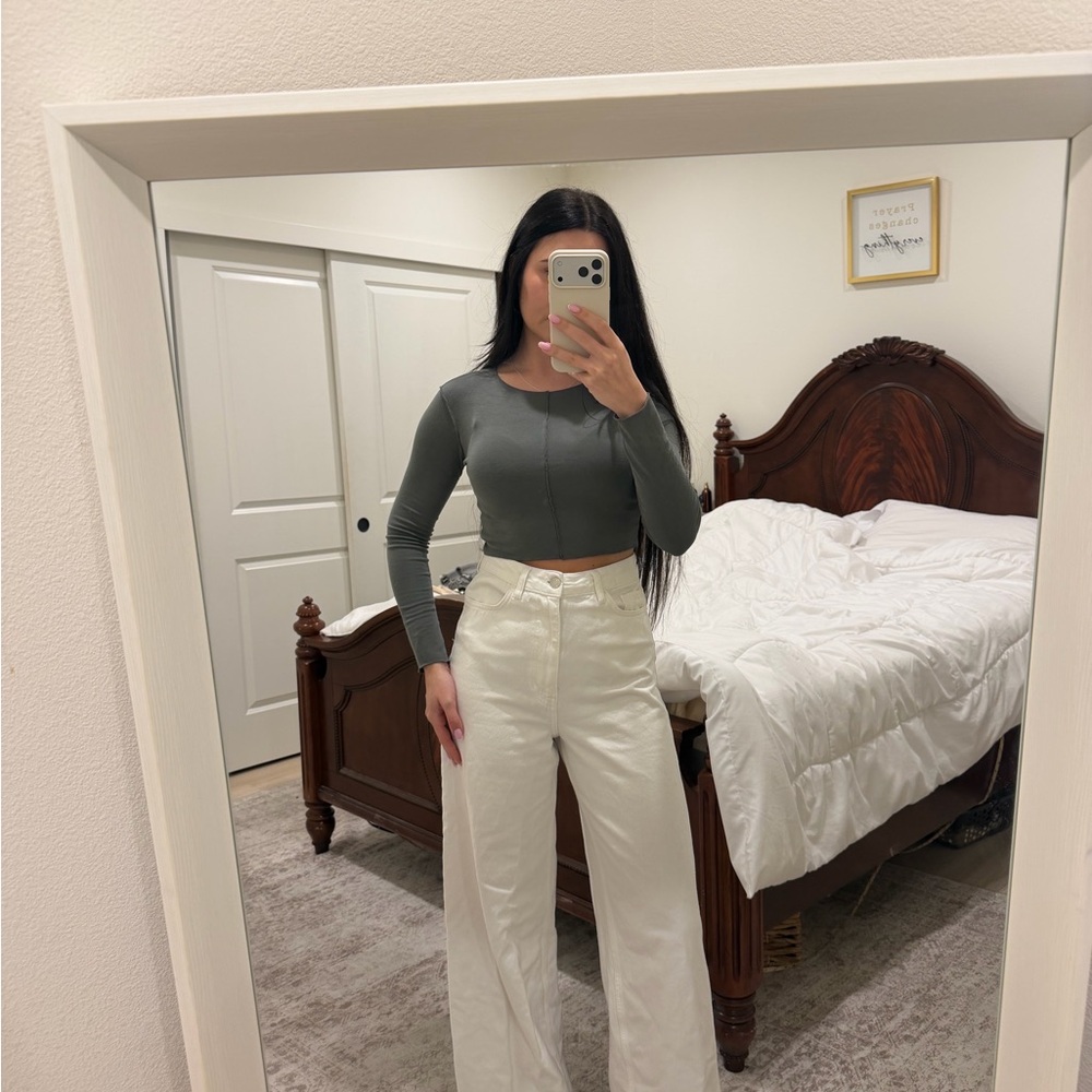 Gray Long Sleeve Top and White Wide-Leg Pants